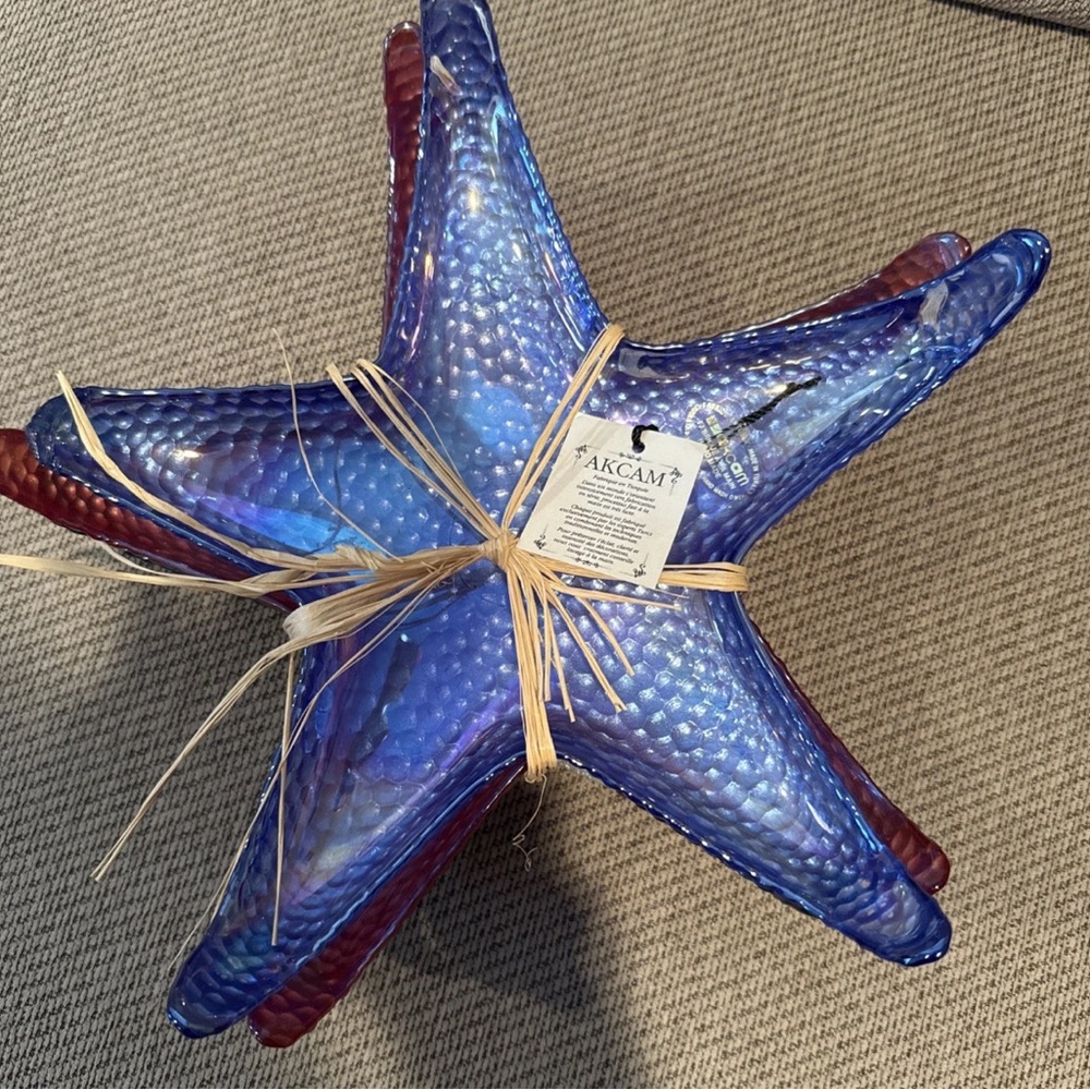 Set of 4 Akcam Turkish Glass Colored  Iridescent Starfish Dishes  New